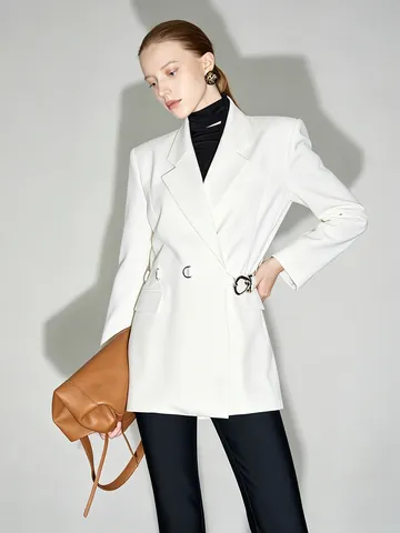 Γυναικείο Κομψό Μπλέιζερ Slim Fit Μεσαίο Μήκος Μονόχρωμο Σακάκι Με Μεταλλική Πόρπη Ζώνη Γραφείο Μόδα Εξωτερικά Ενδύματα