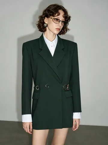 Γυναικείο Κομψό Μπλέιζερ Slim Fit Μεσαίο Μήκος Μονόχρωμο Σακάκι Με Μεταλλική Πόρπη Ζώνη Γραφείο Μόδα Εξωτερικά Ενδύματα