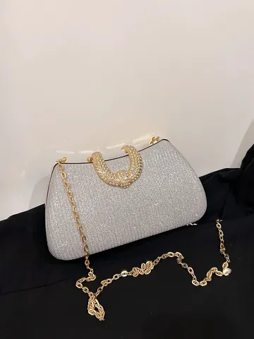 Bolso de Noche de Lujo con Brillo Mujeres Asa en Forma de U con Strass Bolso de Mano de Cuero PU Brillante para Fiesta Boda