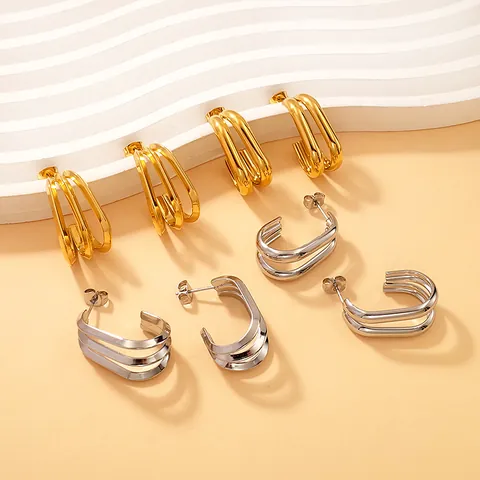 Titanium Steel Geometric Hoop Earrings for Women Luxury Multi Layer Circle Gold Silver Plated C Shaped Stud Earrings