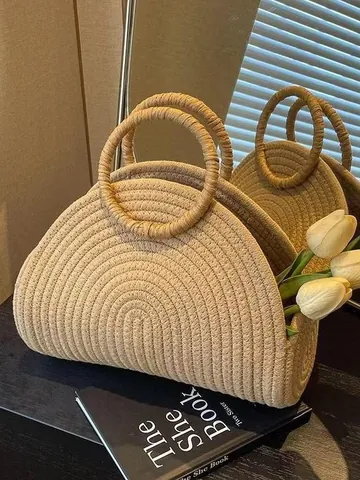 Nischendesign Handgewebte Baumwollseil Knödel Handtasche Damen Sommer Resort Strand Strohtasche Stil Tote Mit Rundem Griff