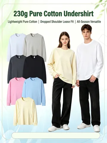 Camiseta de Manga Larga de Algodón Pesado para Hombres Mujeres Corte Holgado Cuello Redondo Color Sólido Pullover Top Otoño Basic Tee