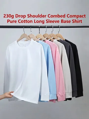Camiseta de Manga Larga de Algodón Pesado para Hombres Mujeres Corte Holgado Cuello Redondo Color Sólido Pullover Top Otoño Basic Tee