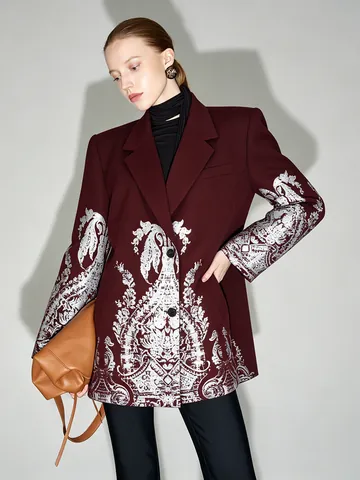 Women Vintage Wine Red Blazer Jacket Silver Baroque Floral Foil Print Notched Lapel Long Sleeve Individual Streetwear Coat