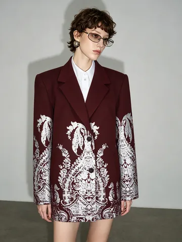 Women Vintage Wine Red Blazer Jacket Silver Baroque Floral Foil Print Notched Lapel Long Sleeve Individual Streetwear Coat