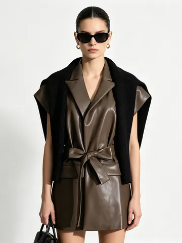 Gilet Vintage da Donna in Pelle PU Senza Maniche Moda Revers Con Cintura Slim Fit Lunghezza Media Gilet in Ecopelle