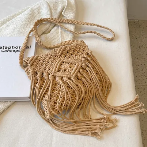 Women Handmade Macrame Woven Tassel Crossbody Bag Bohemian Cotton Rope Summer Beach Shoulder Bag With Diamond Pattern