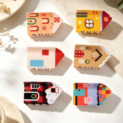 House Shape Hair Claw Clip Acetate Novelty Gingerbread House Pattern Retro Cute Headwear For Women Girls