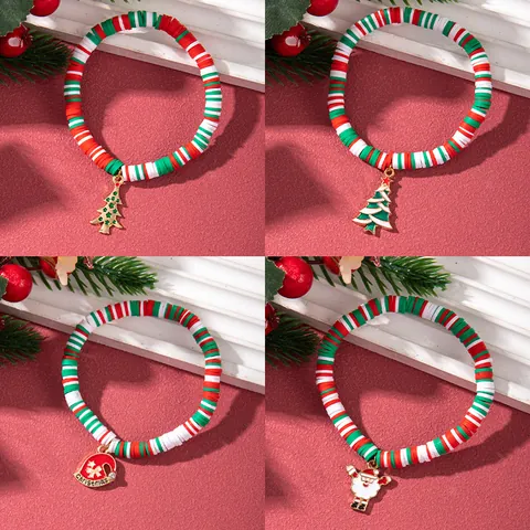 Christmas Wish Bracelet Red Green White Polymer Clay Heishi Bead Alloy Santa Snowman Elk Charm Handmade Stretch Jewelry Gift