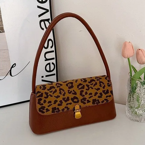 Sac Sous le Bras Imprimé Léopard Vintage pour Femmes Rétro Sac à Épaule en Cuir PU Mat Sac à Main de Navette Élégant