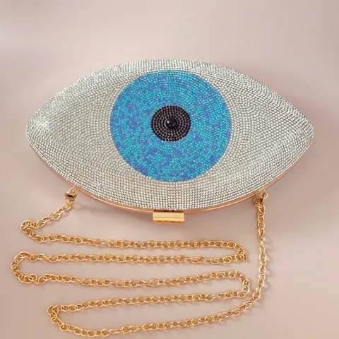 Women Luxury Evil Eye Rhinestone Evening Bag Fashion Inlaid Crystal Clutch Handbag For Wedding Banquet Party With Metal Chain