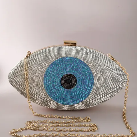 Women Luxury Evil Eye Rhinestone Evening Bag Fashion Inlaid Crystal Clutch Handbag For Wedding Banquet Party With Metal Chain