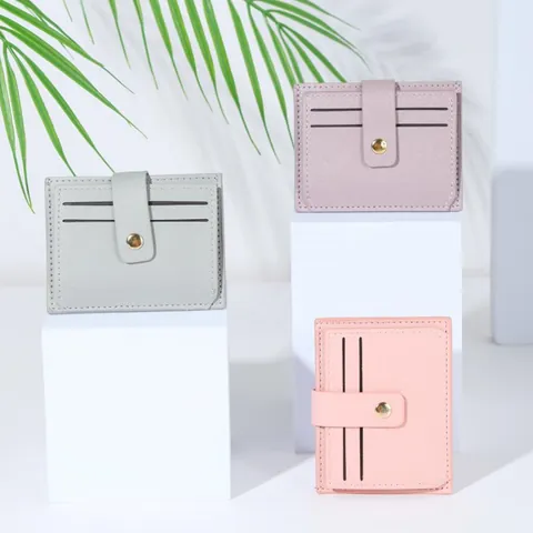 Women Cute Candy Color PU Leather Card Holder Slim Student Wallet Multiple Card Slots Mini Coin Purse With Snap Button