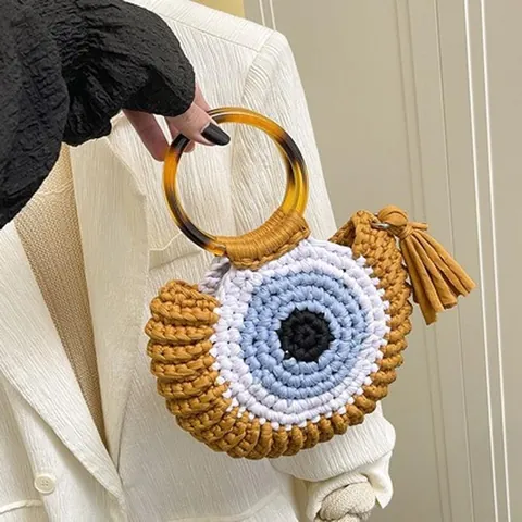 Women Knitted Evil Eye Handbag With Resin Circular Handle Fringe Tassel Autumn Winter Handmade Woven Large Capacity Beach Bag