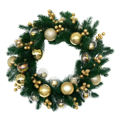 Corona de Navidad Hecha a Mano de Agujas de Pino Con Bolas de Adorno Rojas y Doradas Corona Artificial para Puerta Principal Ventana Decoración de Festival