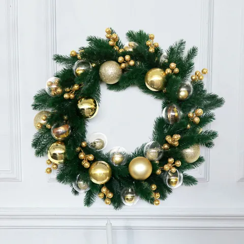 Corona de Navidad Hecha a Mano de Agujas de Pino Con Bolas de Adorno Rojas y Doradas Corona Artificial para Puerta Principal Ventana Decoración de Festival