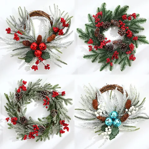 Artificial Christmas Wreath With Pine Needles Red Berries Natural Pine Cones Bow Metal Bells Hanging Holiday Door Wall Window Party Ornaments For Home Shop Decoration