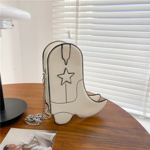 Creative Cowboy Boot Shaped Crossbody Bag For Women PU Leather Star Pattern Chain Shoulder Bag Fashion Novelty Purse Gift