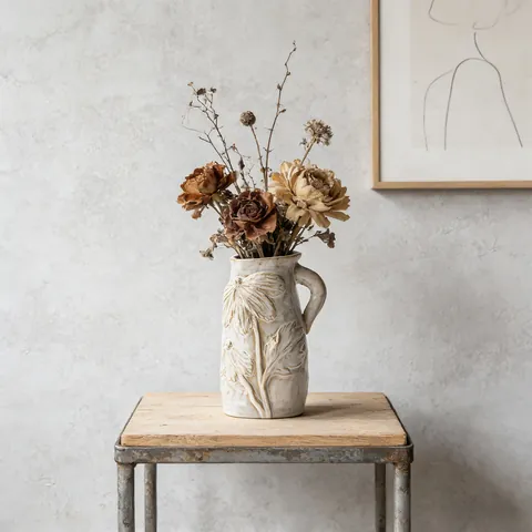 Vaso in Ceramica Vintage Francese Retrò Rilievo Floreale Decorativo a Forma di Brocca Vaso di Fiori per Soggiorno Casa Arredo