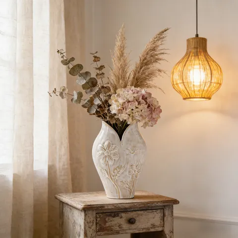 Vaso in Ceramica Nordic Wabi-sabi Vintage Crema Bianco Rilievo Floreale Vaso da Fiori Arte Design di Nicchia Home Decor Contenitore Idroponico