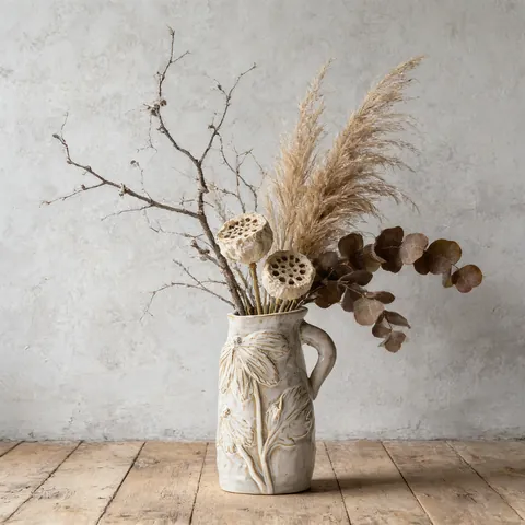 Vaso in Ceramica Vintage Francese Retrò Rilievo Floreale Decorativo a Forma di Brocca Vaso di Fiori per Soggiorno Casa Arredo