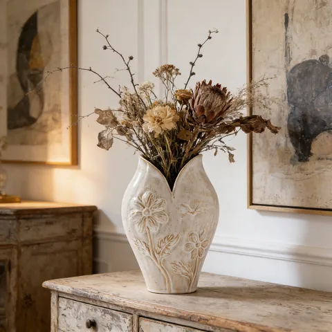 Vaso in Ceramica Nordic Wabi-sabi Vintage Crema Bianco Rilievo Floreale Vaso da Fiori Arte Design di Nicchia Home Decor Contenitore Idroponico