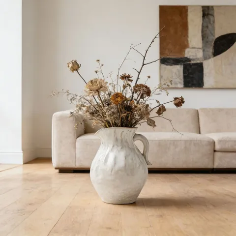 Μοντέρνο Μινιμαλιστικό Wabi-sabi Στυλ Λευκό Κεραμικό Βάζο Με Λαβή Ζωγραφισμένο στο χέρι Υαλωμένο Διακοσμητικό Βάζο Κανάτα Για Διακόσμηση Σπιτιού Καθιστικό Γραφείο