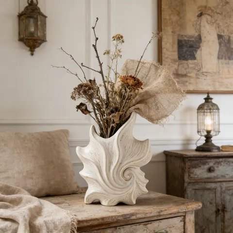 French Retro Ceramic Shell Vase Spiral Art Flower Pot White Decorative Vase For Living Room Hydroponic Plant Floral Decor