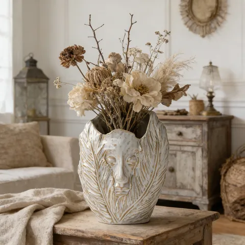 Nordic Abstract Face Art Ceramic Vase Creative Human Face Relief Pot For Home Living Room Desktop Office Decoration Gift