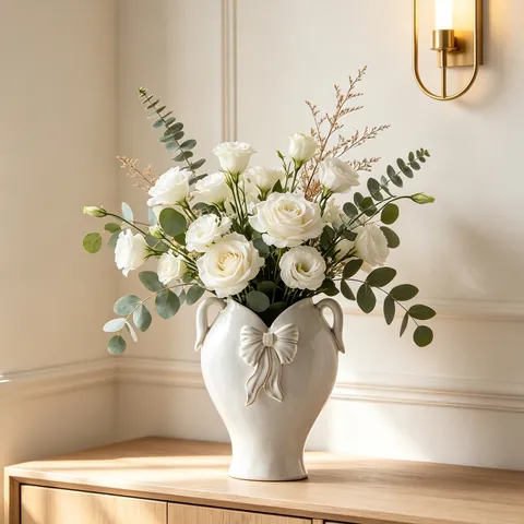 Vase en Céramique Français Vintage Relief Nœud Blanc Crème Double Anse Vase Décoratif pour Salon Décoration de la Maison