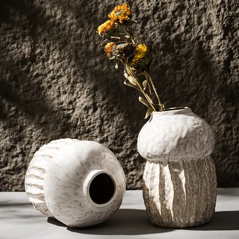 Minimalist White Ceramic Vase Wabi-sabi Style Textured Flower Pot Decorative Desktop Ornament For Living Room Home Decor