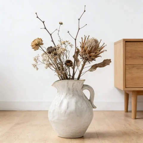 Μοντέρνο Μινιμαλιστικό Wabi-sabi Στυλ Λευκό Κεραμικό Βάζο Με Λαβή Ζωγραφισμένο στο χέρι Υαλωμένο Διακοσμητικό Βάζο Κανάτα Για Διακόσμηση Σπιτιού Καθιστικό Γραφείο