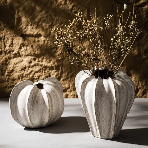 Modern Ceramic Vase Wabi-sabi Style Pleated Texture Flower Pot Minimalist Home Decor Tabletop Ornament Tapered Sphere Vase