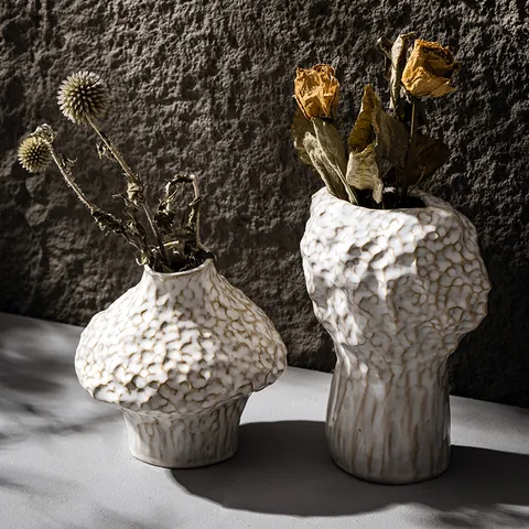 Nordic Wabi-sabi Style Ceramic Vase Textured Off-white Minimalist Artistic Flower Pot For Living Room Decoration Artistic Flower Vase