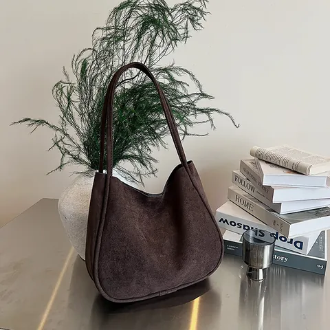 Borsa Tote da Donna in Finta Scamosciata Minimalista Set Con Pochette Interna Hobo Retrò a Tinta Unita da Sottobraccio
