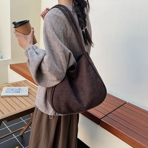 Borsa Tote da Donna in Finta Scamosciata Minimalista Set Con Pochette Interna Hobo Retrò a Tinta Unita da Sottobraccio