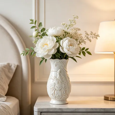 French Retro Ceramic Vase Artistic Relief Floral Pattern White Flower Pot for Home Decor Wedding Office Desktop Ornament