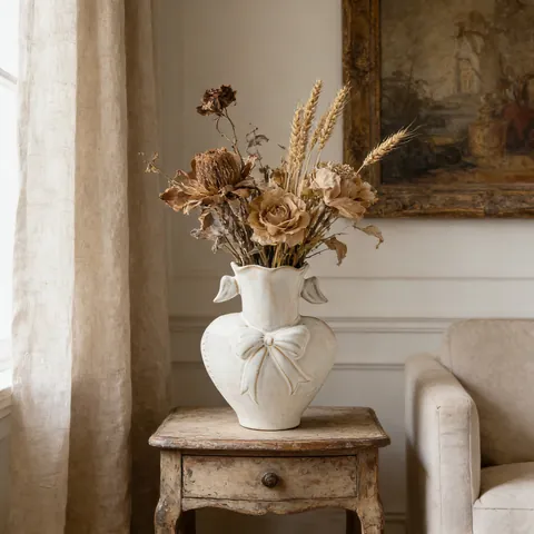 Modern Minimalist Heart Shaped Ceramic Vase with Bow Relief French Vintage Cream White Desktop Ornament for Home Decor