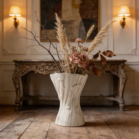 Nordic White Ceramic Vase with Embossed Bow Design Modern Minimalist Wavy Mouth Flower Vase for Living Room Tabletop Decor