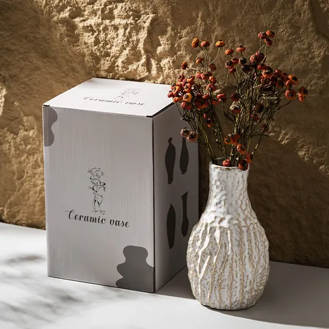 Vintage European Ceramic Vase Modern White Tree Bark Texture Decorative Flower Arrangement Vase For Home Dining Table Ornaments