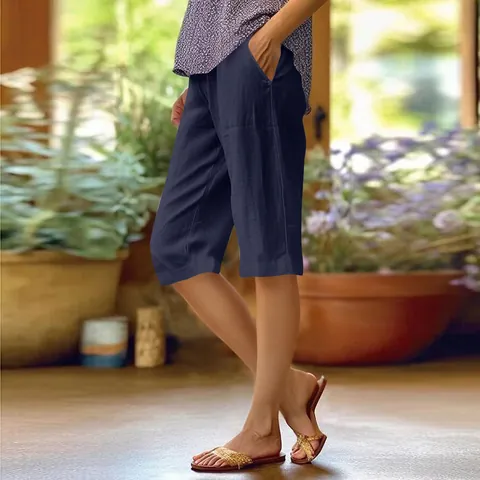 Women's Casual Cotton Linen Shorts Loose Fit Elastic Waist Bermuda Shorts With Pockets Solid Color Five-Point Pants Summer Bottoms