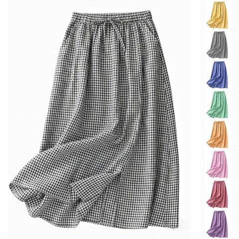 Retro Gingham Cotton Linen A-Line Midi Skirt For Women High Waist Drawstring Plaid Skirt With Pockets Loose Bottoms