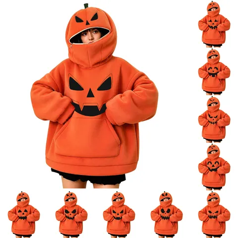 Women Halloween Pumpkin Fleece Hoodie Oversized Funny Zipper Hood Sweatshirt Casual Long Sleeve Printed Top Holiday Jacket