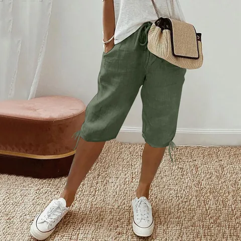 Women's Casual Cotton Linen Blend Shorts Solid Color Elastic Waist Drawstring Shorts With Pockets Boho Beach Summer Pants