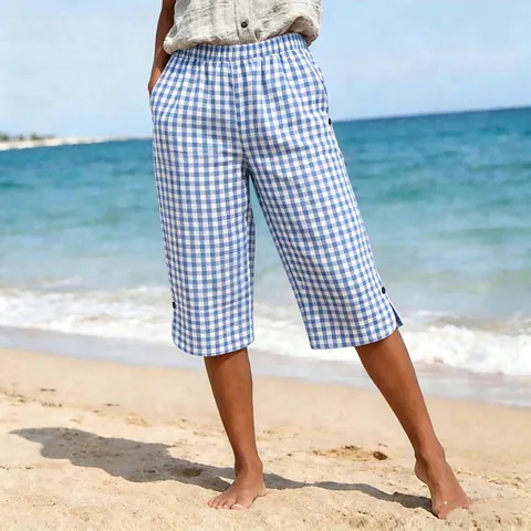 Women Vintage Plaid Shorts Cotton Blend High Waist Gingham Shorts With Pockets Button Decor Summer Casual Bottomwear