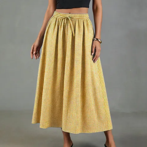Retro Gingham Cotton Linen A-Line Midi Skirt For Women High Waist Drawstring Plaid Skirt With Pockets Loose Bottoms