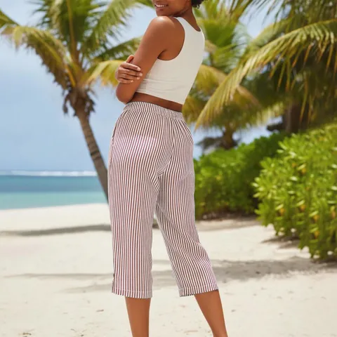Women Summer Striped Capri Pants Loose Straight Leg Cotton Linen Trousers With Drawstring Pockets Casual Beach Bottoms