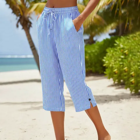 Women Summer Striped Capri Pants Loose Straight Leg Cotton Linen Trousers With Drawstring Pockets Casual Beach Bottoms
