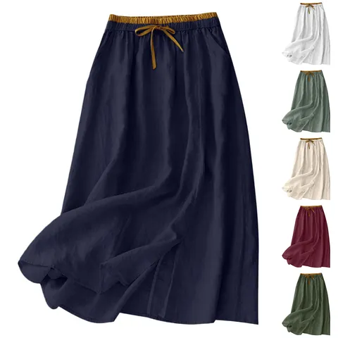 Dames Vintage Hoge Taille Katoen Linnen Maxirock Literair Casual Zomer Effen Kleur Losse Lange Rok Met Zakken