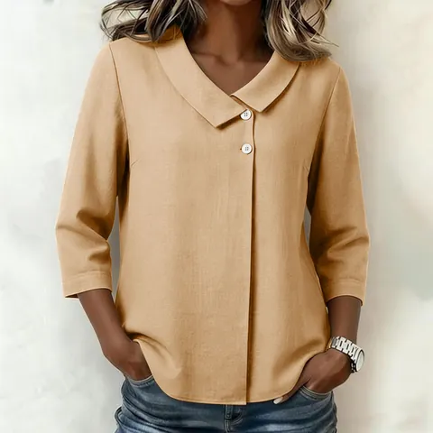 Dames Casual Katoenen V-hals Blouse Losse Pasvorm Driekwart Mouw Top Effen Kleur Zomer Overhemd met Knoopdetail Kantoor Kleding